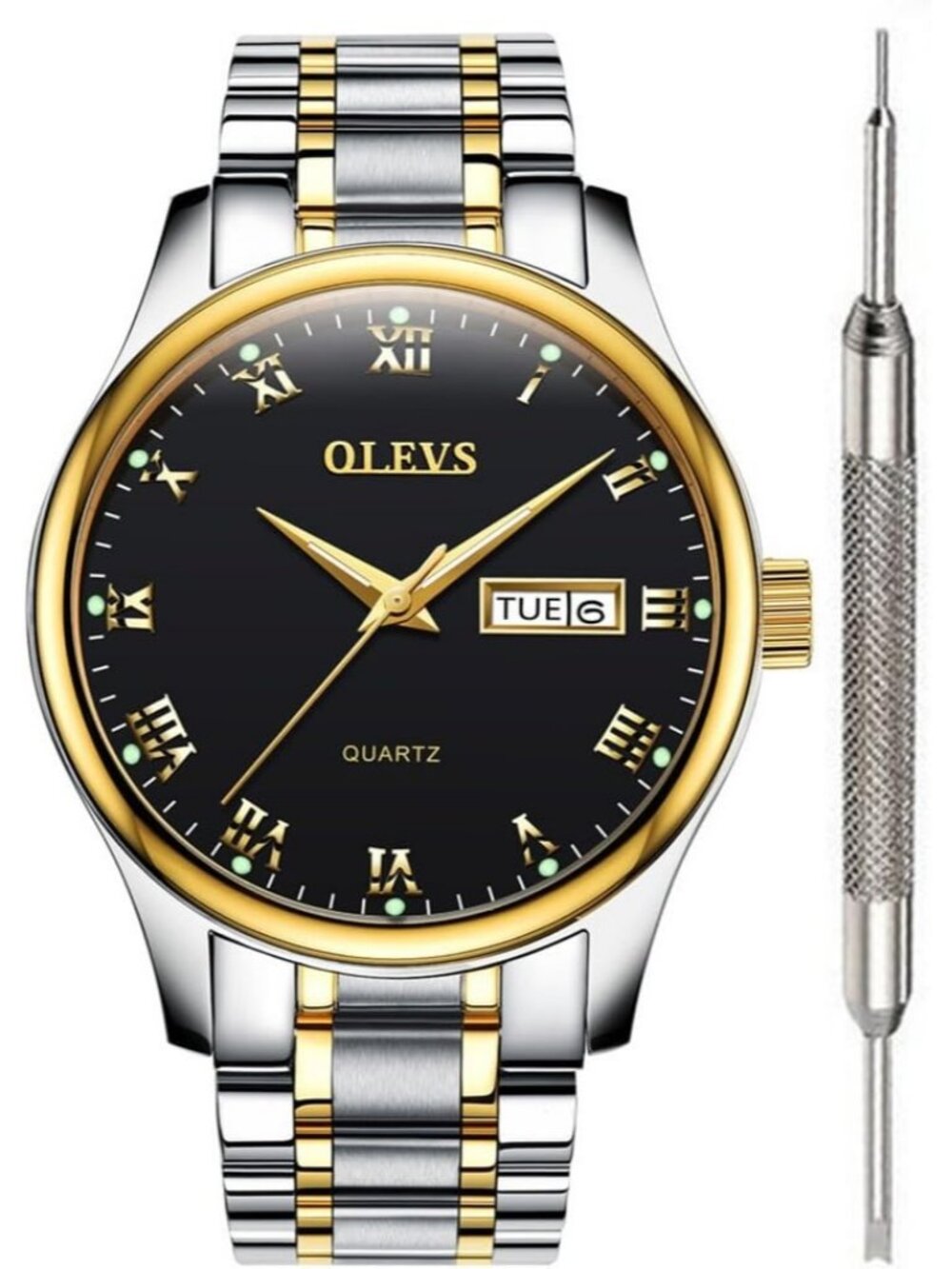 Olevs Men's Silver Stainless Black Face Analog Quartz Waterproof Luminous Watch